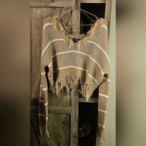 Just Polly New York Beige Knit Distressed Hem V-Neck Sweater